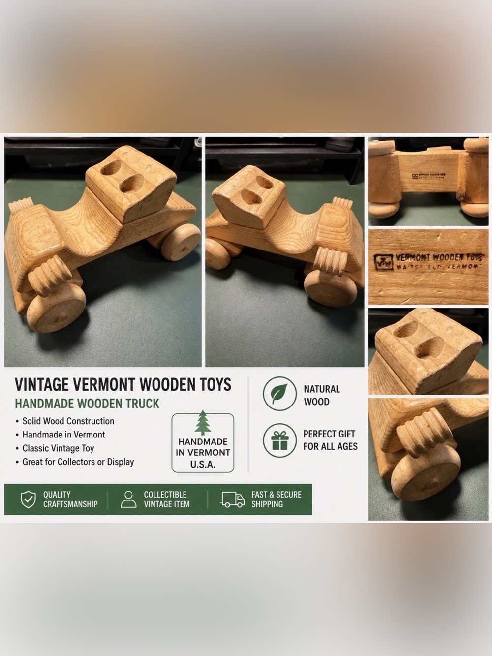 Vintage Vermont Wooden Toys Dump Trunk Waitsfield VT Handcrafted Wood Toy USA